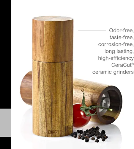Vista 6 de AdHoc Molinillo de sal y pimienta de madera de acacia, molinillo de mano ajustable para sal y pimienta, molinillo manual recargable para especias