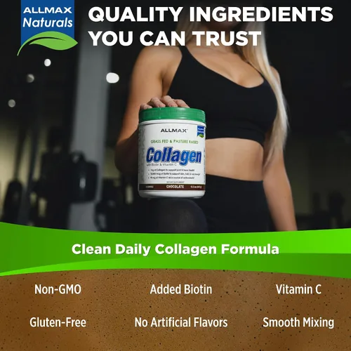 Vista 7 de ALLMAX Colágeno en polvo de chocolate, péptidos de colágeno hidrolizados, colágeno bovino alimentado con hierba, vitamina C y biotina