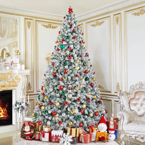 Vista 3 de Yaheetech - Árbol artificial de Navidad preiluminado de 9 pies con luces incandescentes de color blanco cálido, árbol de Navidad con flecos de Verde