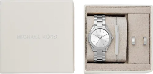 Vista 4 de Michael Kors Set de regalo de reloj de pulsera de acero inoxidable de tres manecillas Slim Runway para mujer (Modelo: MK7563SET)