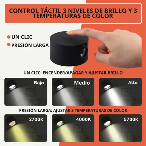 Vista 3 de Apliques de pared LED, lámpara de pared recargable con 3 temperaturas de color y 3 brillos de bola magnética de 360°, para dormitorio, pasillo