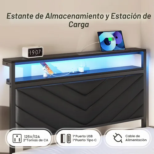 Vista 3 de HISOFT Base de cama individual con estación de carga, luces LED y 2 cajones de almacenamiento, plataforma negra con cabecera tapizada