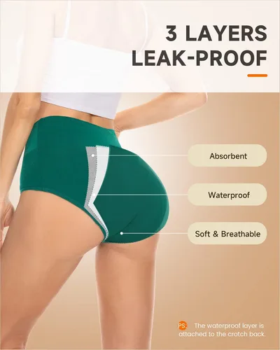 Vista 4 de PULIOU Ropa interior para el período para mujer, de cintura alta, de flujo pesado, pantaletas menstruales para adolescentes, de algodón, posparto