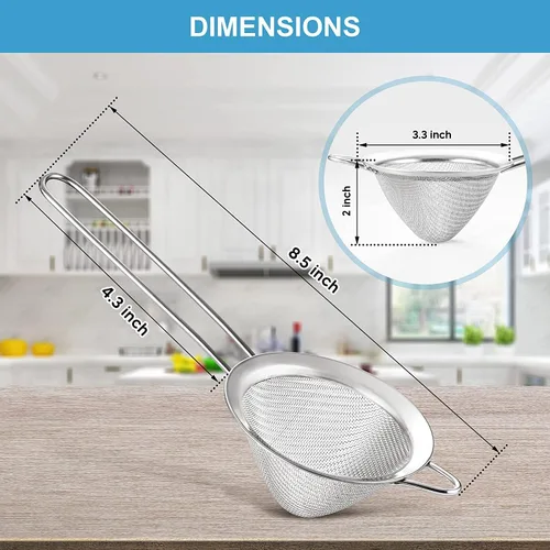 Vista 4 de Colador de malla fina, tamiz cónico de 3.3 pulgadas, coladores de té para té suelto, colador de café, colador de alimentos, colador de jugo y mucho