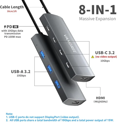 Vista 2 de VANGREE - Hub USB C 8 en 1, 3 USB-C+3 USB-A 3.2 10Gbps, 4K60Hz HDMI, 100W PD Adaptador multipuerto USB 3.2, extensor divisor USB C para MacBook