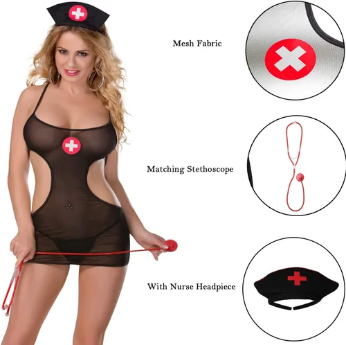 Vista 5 de Edenight. - Disfraz de enfermera para mujer, prenda de lencería tipo cosplay, con estetoscopio.