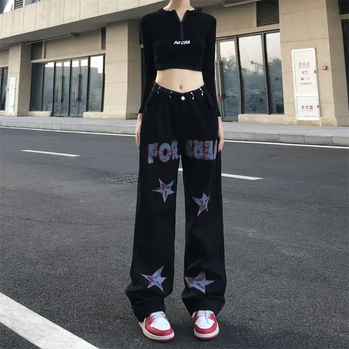 Vista 3 de CYee Jeans de cintura alta para mujer, pantalones altos con estampado de estrellas, pantalones Grunge, pantalones holgados y estéticos para la calle