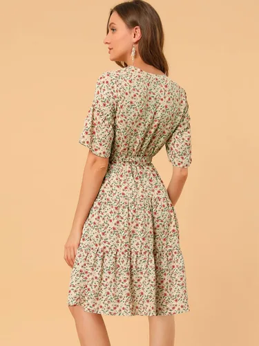 Vista 5 de Allegra K Vestido floral con dobladillo escalonado y volantes para mujer, cintura con lazo y cuello en V, manga acampanada, M