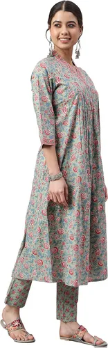 Vista 5 de Janasya Kurta con estampado floral de algodón verde mar para mujer india con pantalón