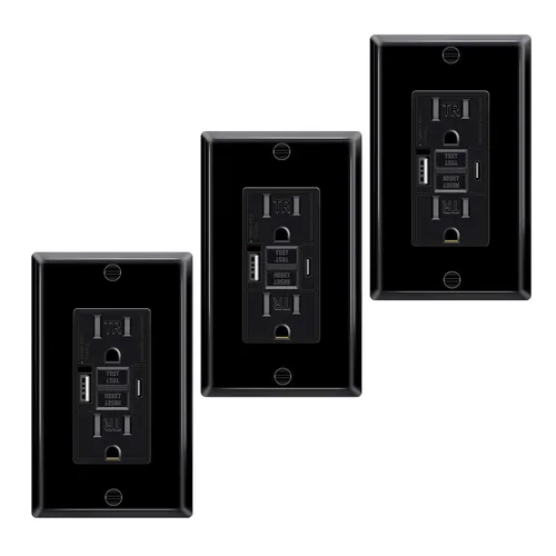 Vista 55 de Toma GFCI negra de 15 amperios con puertos USB C y USB-A, 1 unidad de 24 W de autotprueba GFCI USB Combo con indicador LED, resistente a