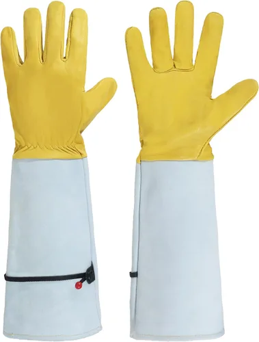 Vista 25 de HANDLANDY Guantes de poda largos para hombres y mujeres, de piel de cerdo, guantes de jardinería de rosas, guantes transpirables y duraderos