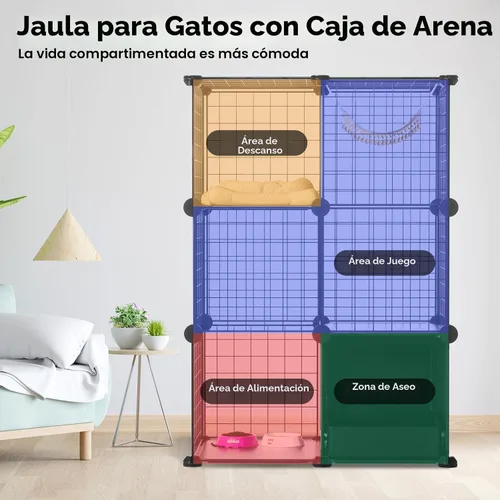 Vista 3 de PAWING Recinto para gatos para interiores con caja de arena, jaula de alambre de metal de 3 niveles, diseño desmontable para gatos, gatitos