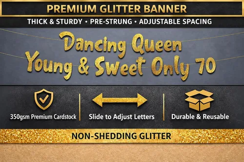Vista 8 de Cartel con purpurina dorada preencordada con la reina bailarina Young & Sweet Only 70 – Decoraciones de cumpleaños 70 para hombres y mujeres