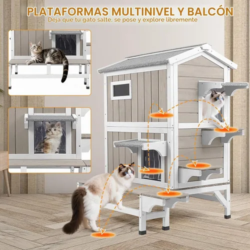 Vista 6 de PetsCosset Casa Aislada para Gatos de Exterior Resistente a la Intemperie con Balcón, Aislamiento Integral, Refugio de Madera para Gatos Ferales
