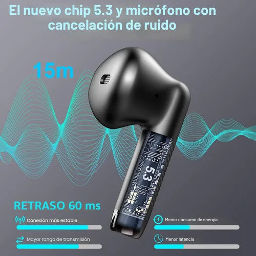 Vista 2 de Auriculares inalámbricos, auriculares Bluetooth 5.4 con graves estéreo, auriculares Bluetooth en el oído con cancelación de ruido y micrófono