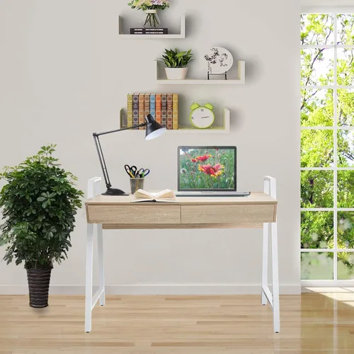 Vista 2 de Escritorio de madera para computadora con cajones para espacios pequeños, escritorio para el hogar, apartamento, oficina (beige)