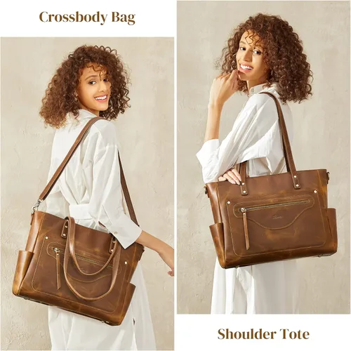 Vista 2 de S-ZONE Bolso de mano de cuero genuino para mujer, bolso de hombro grande, bolso de trabajo cruzado vintage