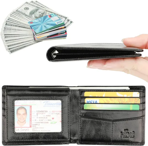 Vista 2 de Cartera para hombre-Cuero Genuino RFID Bloqueo Billetera Bifold Elegante Con Ventana 2 ID