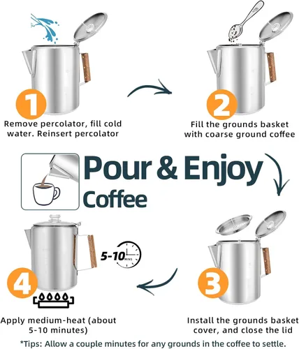 Vista 10 de MEREZA Cafetera de Camping Percoladora de 12 Tazas para Estufa Superior Cafetera de Café Percoladora sin Electricidad para Acampar Cafetera de Acero