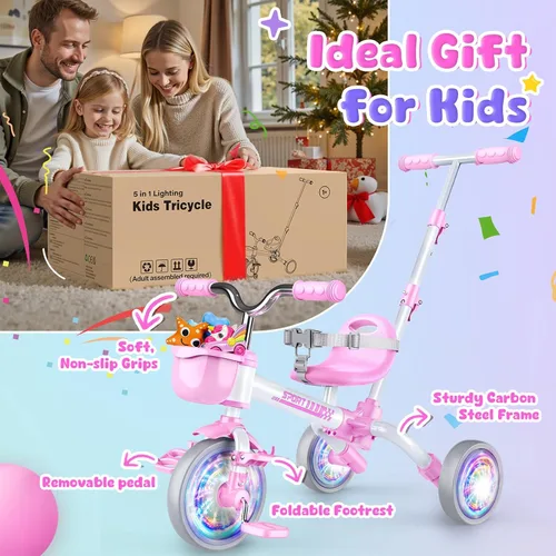 Vista 7 de Kkdi Bicicleta 5 en 1 para niños de 1 a 3 años, triciclo rosa con mango