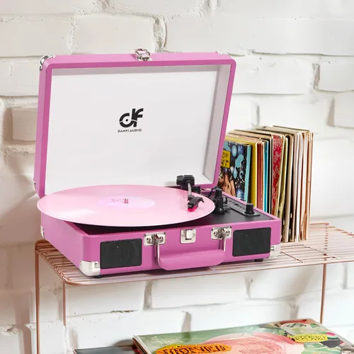 Vista 7 de Tocadiscos de vinilo Bluetooth, tocadiscos portátil vintage para maleta Rosa bebé