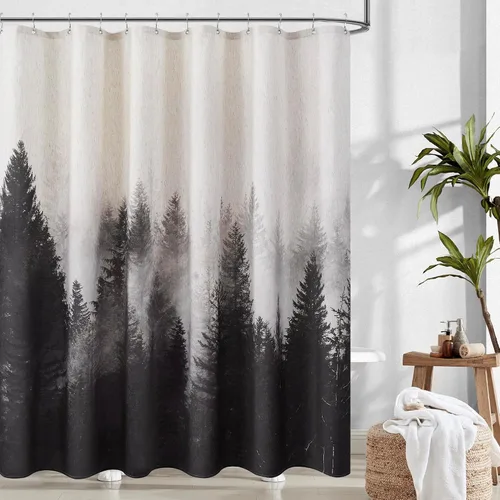 Vista 11 de ORTIGIA Cortina de ducha con diseño de bosque de montaña, tela de lino de mezcla pesada, árbol natural negro, cortina de baño de bosque brumoso, 60