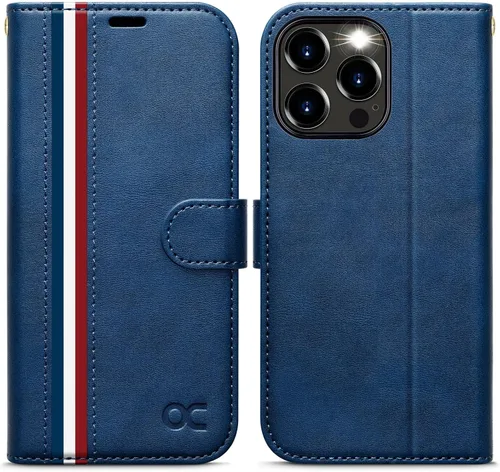 Vista 10 de OCASE Funda compatible con iPhone 15 Pro Max, funda tipo cartera de piel sintética con tarjeteros, bloqueo RFID, soporte a prueba de golpes, funda