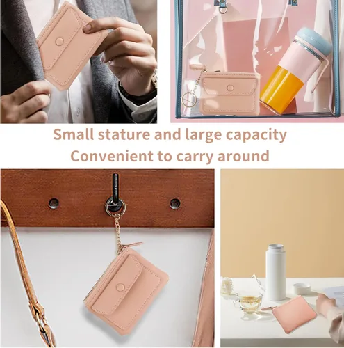 Vista 5 de Monedero, mini monedero con llavero y cierre de cremallera para hombres y mujeres, bolso de moda, llavero colgante de cuero clásico, Rosado, Monedero