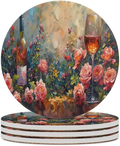 Vista 30 de 4 posavasos de vino tinto, cuadrados y modernos posavasos absorbentes de cerámica, estilo de pintura al óleo, vintage, vino tinto, uvas, rosa