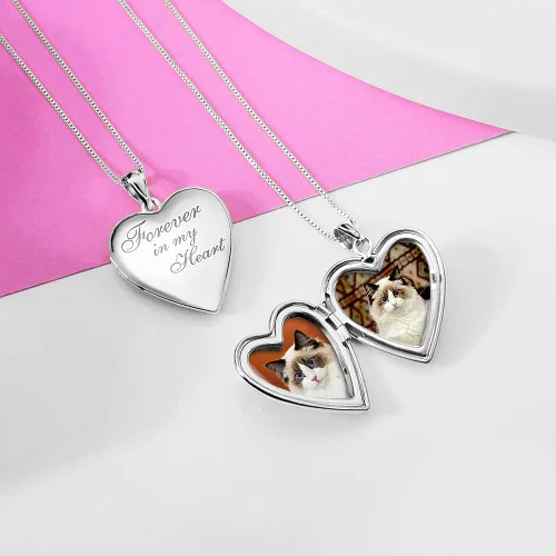 Vista 6 de Collar con medallón y frase en inglés Forever in My Heart para fotos en plata de ley y chapado en oro amarillo, 34 pulgadas x 34 pulgadas, incluye