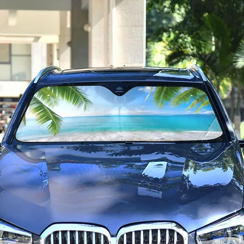Vista 2 de Parasol para parabrisas de automóvil, diseño de palmera tropical, playa, bloquea los rayos UV, protector solar plegable para mantener tu vehículo