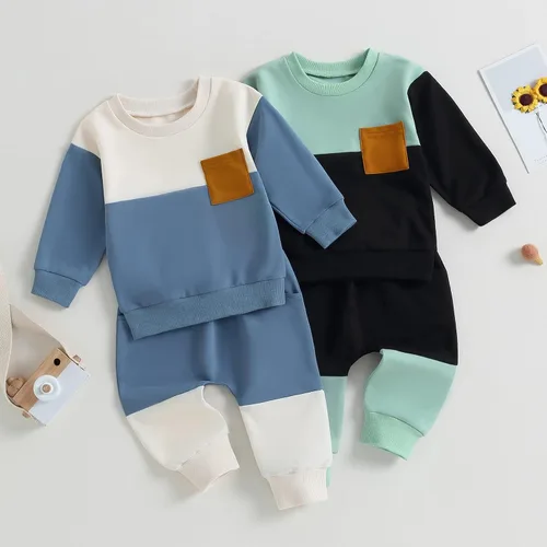 Vista 7 de Kupretty Conjunto de sudadera de manga larga con bloques de color y pantalones deportivos para bebé niño