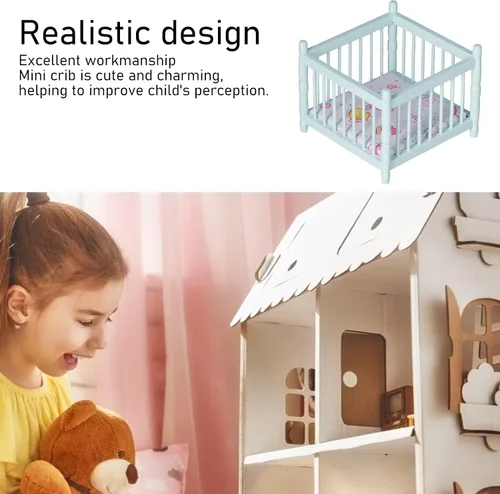 Vista 2 de Casa de muñecas de madera a escala 1:12, cama de bebé, casa de muñecas en miniatura, mini accesorios de muebles con colchón cama cuadrada, regalo
