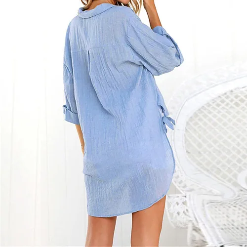 Vista 32 de Camisas de manga larga con botones para mujer, asimétricas, casuales, con cordones, túnica de gran