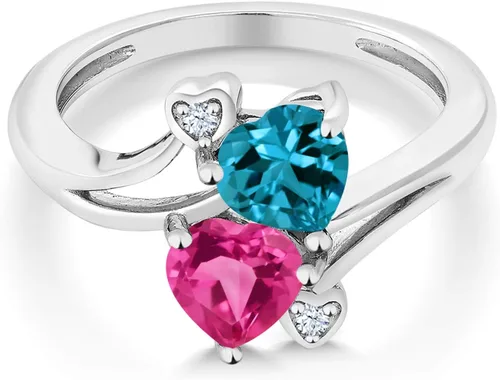 Vista 2 de Gem Stone King Anillo para mujer con forma de corazón de zafiro y topacio azul de Londres de oro blanco de 10 quilates