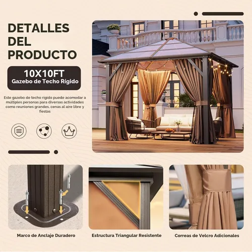 Vista 8 de Aoxun 10'x10' Outdoor Gazebo with Polycarbonate Roof Khaki Single Roof Caqui