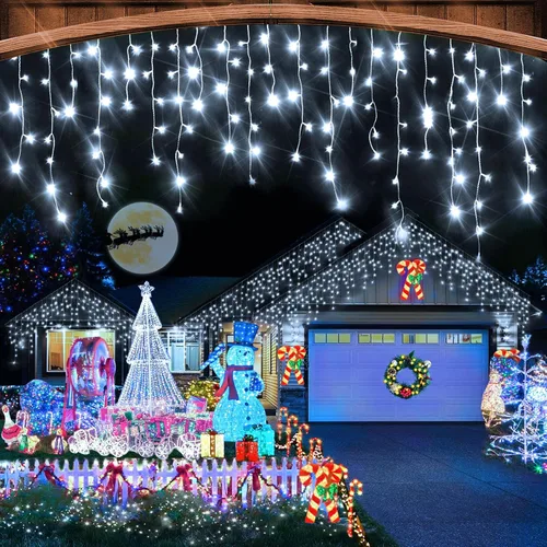 Vista 10 de Luces de Navidad para exteriores, 49 pies, 480 luces LED para exteriores, 90 tiras de luces de carámbano con 8 modos, temporizador impermeable
