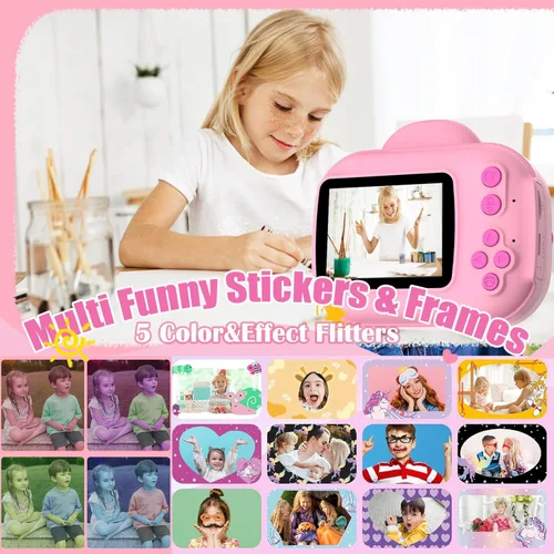 Vista 5 de Cámara para niños con impresión instantánea para niños, cámaras para niños pequeños, cámaras de video digitales HD 1080P, juguete de cámara Rosa