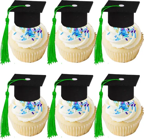 Vista 25 de Paquete de 24 adornos de graduación 3D 2024 para cupcakes 2024 con borlas doradas para fiestas temáticas de graduación 2024, suministros