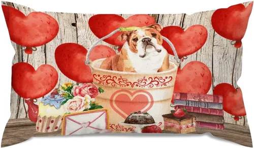Vista 52 de Fundas de almohada lumbar con textura de madera rústica para perro en cubo, diseño de corazón rojo para el día de San Valentín, fundas de almohada
