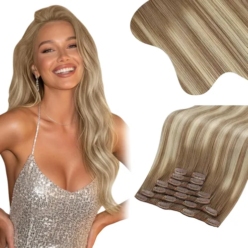 Vista 57 de Moresoo Extensiones de cabello humano con clip, balayage, color marrón oscuro a marrón dorado con clip, extensiones de cabello humano con clip, 5