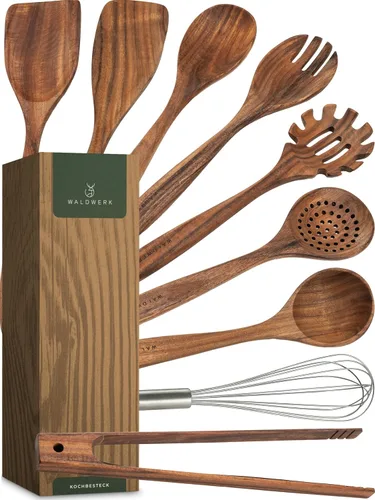 Vista 7 de WALDWERK Cucharas de madera para cocinar, juego de utensilios de cocina de 4 piezas con cucharas de madera de teca, espátula, servidor de pasta