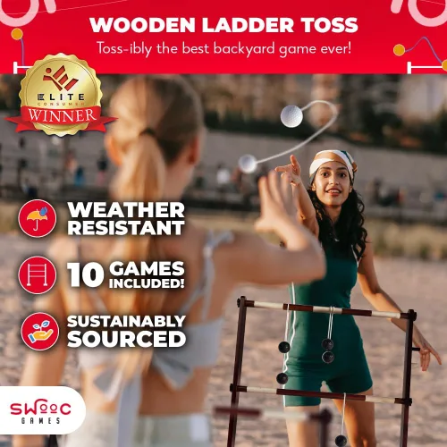 Vista 2 de SWOOC Games® - Juego de pelota de escalera de madera premium (resistente a la intemperie) - con más de 10 juegos y estuche de transporte - Fácil