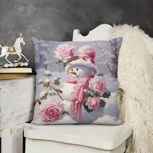Vista 10 de Funda de cojín de muñeco de nieve con rosas rosadas, bufanda y sombrero, funda de almohada para cama, decoración moderna para sofá, dormitorio, sala