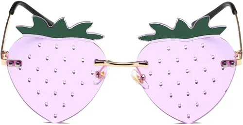 Vista 3 de JOVAKIT Gafas de sol con forma de fresa para mujeres y hombres, gafas de sol retro sin montura para fiesta rave, gafas de Halloween (doradomorado)
