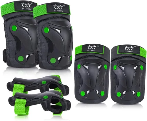 Vista 7 de Rodilleras y coderas para niños y jóvenes con protectores de muñeca, equipo de protección para patinaje, patinaje, ciclismo, scooter y deportes Negro