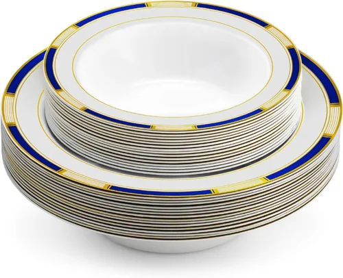 Vista 5 de Laura Stein Juego de vajilla de diseñador 32 cuencos de plástico desechables para fiestas, cuenco blanco con borde azul y detalles dorados