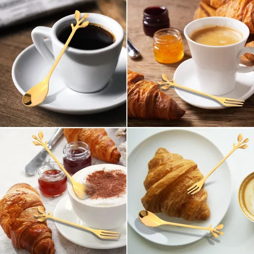 Vista 5 de Juego de 12 cucharas de café de acero inoxidable con hojas doradas y tenedores de frutas para tartas, accesorios de cocina, fiesta de boda