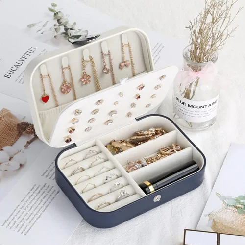Vista 5 de Organizador de joyas de piel sintética de doble capa para mujeres y niñas, caja organizadora de joyas para collares, anillos y aretes