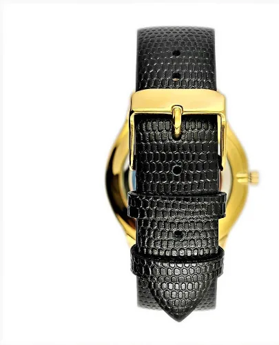 Vista 2 de Peugeot Reloj de esfera desnuda para hombre con correa de cuero negro, Oro, Classic